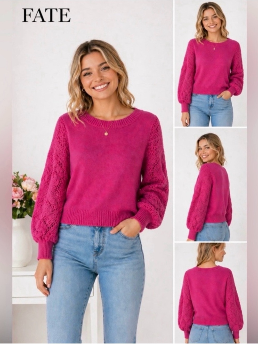 Fate. Bright 80's Pink. Balloon Sleeves.
Intricate open-knit detailing. Size L.